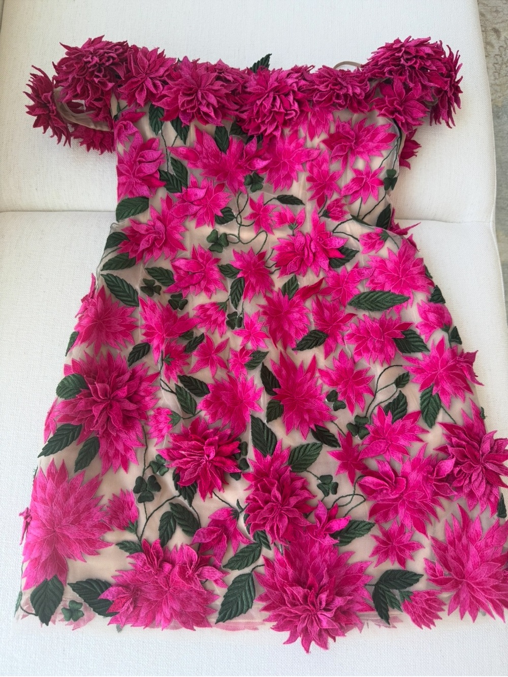 Oscar de la Renta Hot Pink Floral Appliqué Dress (Dahlia Off the Shoulder)